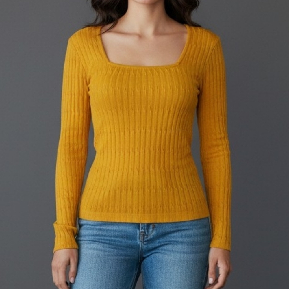 LOVE Canary Yellow Square Neck Long Sleeve Blouse